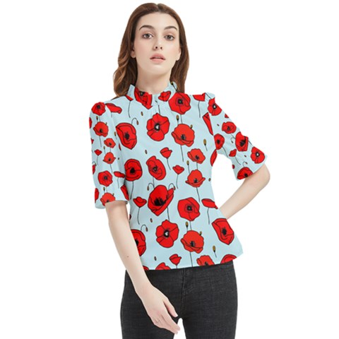 Poppies Flowers Red Seamless Pattern Frill Neck Blouse by Maspions