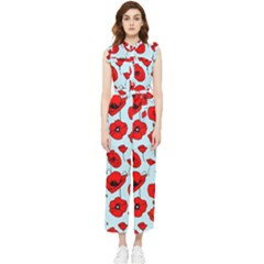 Poppies Flowers Red Seamless Pattern Women s Frill Top Chiffon Jumpsuit