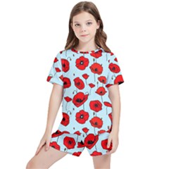 Poppies Flowers Red Seamless Pattern Kids  T-shirt And Sports Shorts Set