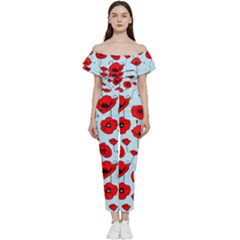 Poppies Flowers Red Seamless Pattern Bardot Ruffle Jumpsuit