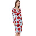 Poppies Flowers Red Seamless Pattern Long Sleeve V-Neck Bodycon Dress  View3