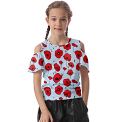 Poppies Flowers Red Seamless Pattern Kids  Butterfly Cutout T-shirt