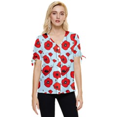 Poppies Flowers Red Seamless Pattern Bow Sleeve Button Up Top