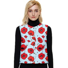 Poppies Flowers Red Seamless Pattern Women s Button Up Puffer Vest