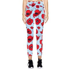 Poppies Flowers Red Seamless Pattern Pocket Leggings 