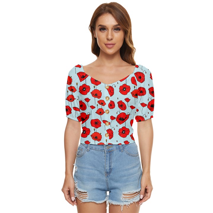 Poppies Flowers Red Seamless Pattern Button up blouse