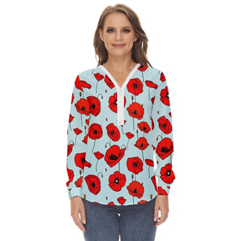 Poppies Flowers Red Seamless Pattern Zip Up Long Sleeve Blouse by Maspions