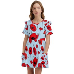 Poppies Flowers Red Seamless Pattern Kids  Frilly Sleeves Pocket Dress