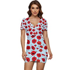 Poppies Flowers Red Seamless Pattern Low Cut Cap Sleeve Mini Dress