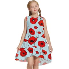 Poppies Flowers Red Seamless Pattern Kids  Frill Swing Dress