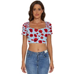 Poppies Flowers Red Seamless Pattern Short Sleeve Square Neckline Crop Top 