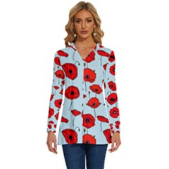 Poppies Flowers Red Seamless Pattern Long Sleeve Drawstring Hooded Top