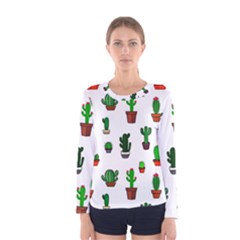 Cactus Plants Background Pattern Seamless Women s Long Sleeve T-shirt