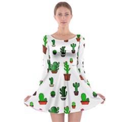 Cactus Plants Background Pattern Seamless Long Sleeve Skater Dress