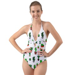 Cactus Plants Background Pattern Seamless Halter Cut-out One Piece Swimsuit