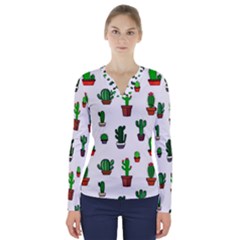 Cactus Plants Background Pattern Seamless V-neck Long Sleeve Top