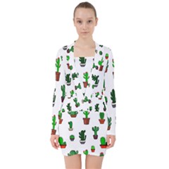 Cactus Plants Background Pattern Seamless V-neck Bodycon Long Sleeve Dress