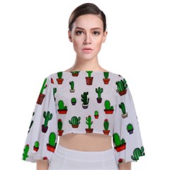 Cactus Plants Background Pattern Seamless Tie Back Butterfly Sleeve Chiffon Top