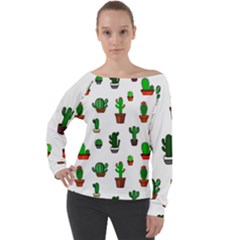 Cactus Plants Background Pattern Seamless Off Shoulder Long Sleeve Velour Top