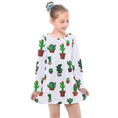 Cactus Plants Background Pattern Seamless Kids  Long Sleeve Dress