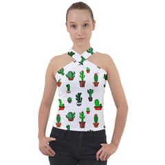 Cactus Plants Background Pattern Seamless Cross Neck Velour Top by Maspions