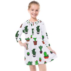 Cactus Plants Background Pattern Seamless Kids  Quarter Sleeve Shirt Dress by Maspions