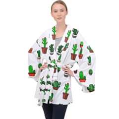 Cactus Plants Background Pattern Seamless Long Sleeve Velvet Kimono  by Maspions