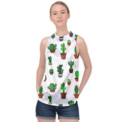 Cactus Plants Background Pattern Seamless High Neck Satin Top