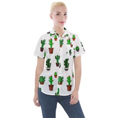 Cactus Plants Background Pattern Seamless Women s Short Sleeve Pocket Shirt