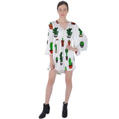 Cactus Plants Background Pattern Seamless V-neck Flare Sleeve Mini Dress by Maspions