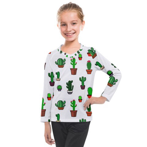 Cactus Plants Background Pattern Seamless Kids  Long Mesh T-shirt by Maspions