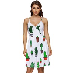 Cactus Plants Background Pattern Seamless V-neck Pocket Summer Dress 