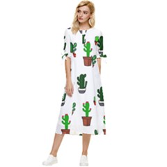 Cactus Plants Background Pattern Seamless Bow Sleeve Chiffon Midi Dress by Maspions