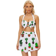 Cactus Plants Background Pattern Seamless Vintage Style Bikini Top And Skirt Set 