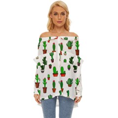 Cactus Plants Background Pattern Seamless Off Shoulder Chiffon Pocket Shirt