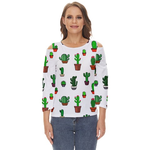 Cactus Plants Background Pattern Seamless Cut Out Wide Sleeve Top by Maspions