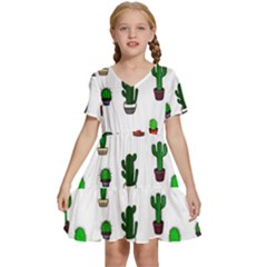 Cactus Plants Background Pattern Seamless Kids  Short Sleeve Tiered Mini Dress