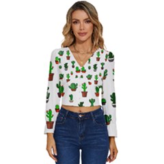 Cactus Plants Background Pattern Seamless Long Sleeve V-neck Top by Maspions