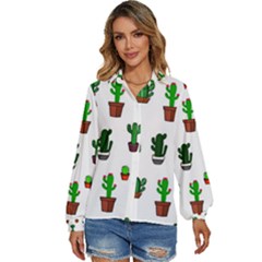 Cactus Plants Background Pattern Seamless Women s Long Sleeve Button Up Shirt