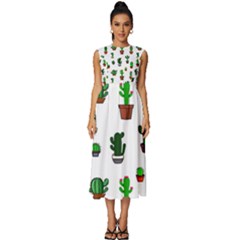 Cactus Plants Background Pattern Seamless Sleeveless Round Neck Midi Dress by Maspions