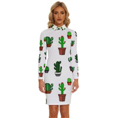 Cactus Plants Background Pattern Seamless Long Sleeve Shirt Collar Bodycon Dress by Maspions