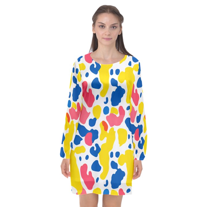 Colored Blots Painting Abstract Art Expression Creation Color Palette Paints Smears Experiments Mode Long Sleeve Chiffon Shift Dress 