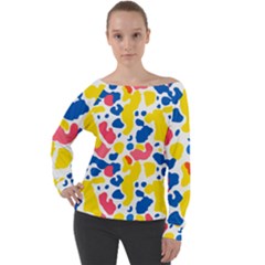 Colored Blots Painting Abstract Art Expression Creation Color Palette Paints Smears Experiments Mode Off Shoulder Long Sleeve Velour Top