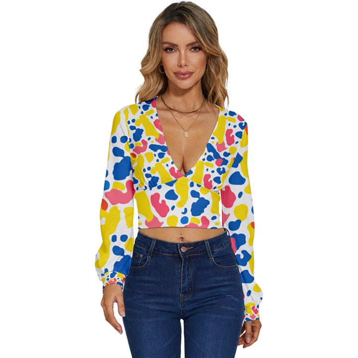 Colored Blots Painting Abstract Art Expression Creation Color Palette Paints Smears Experiments Mode Long Sleeve Deep-V Velour Top