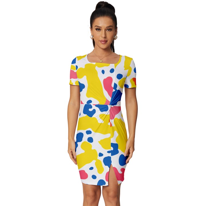 Colored Blots Painting Abstract Art Expression Creation Color Palette Paints Smears Experiments Mode Fitted Knot Split End Bodycon Dress