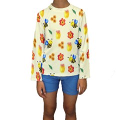 Seamless Honey Bee Texture Flowers Nature Leaves Honeycomb Hive Beekeeping Watercolor Pattern Kids  Long Sleeve Swimwear