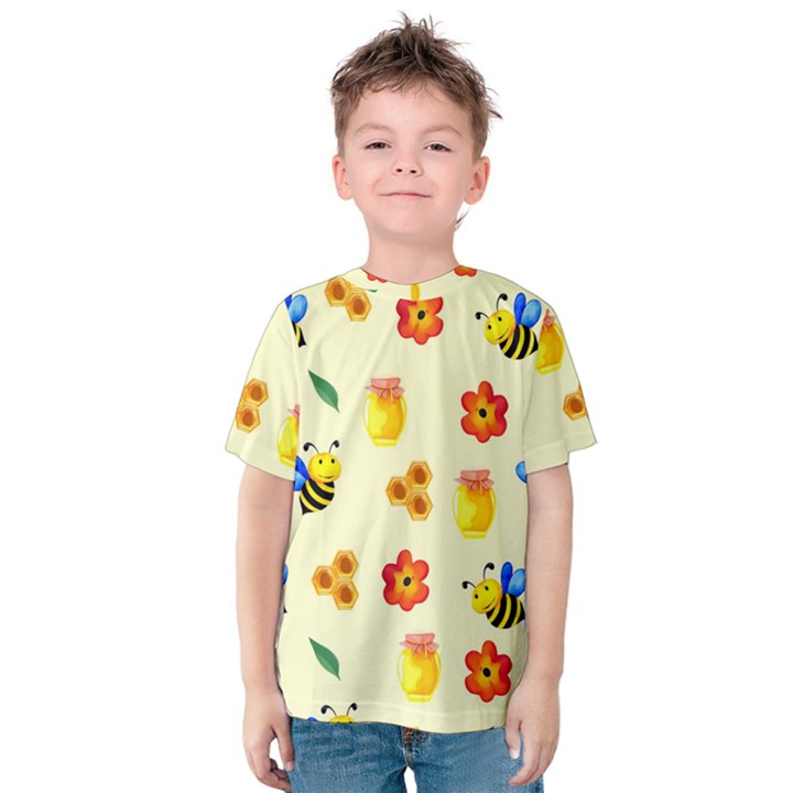 Seamless Honey Bee Texture Flowers Nature Leaves Honeycomb Hive Beekeeping Watercolor Pattern Kids  Cotton T-Shirt