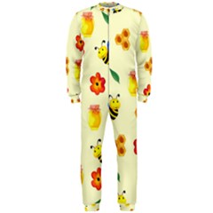 Seamless Honey Bee Texture Flowers Nature Leaves Honeycomb Hive Beekeeping Watercolor Pattern Onepiece Jumpsuit (men)