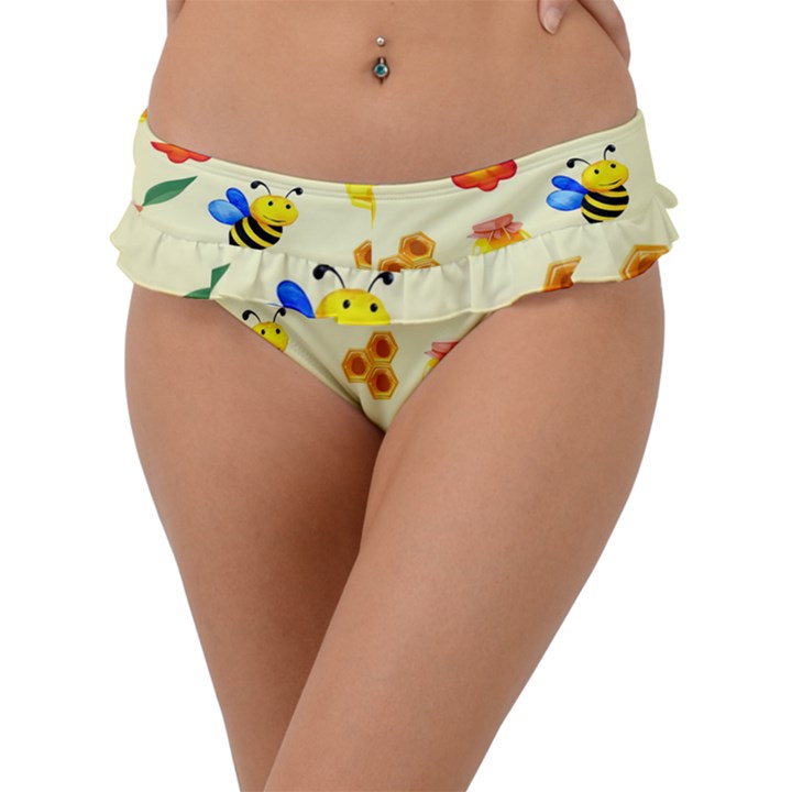 Seamless Honey Bee Texture Flowers Nature Leaves Honeycomb Hive Beekeeping Watercolor Pattern Frill Bikini Bottoms