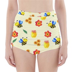 Seamless Honey Bee Texture Flowers Nature Leaves Honeycomb Hive Beekeeping Watercolor Pattern High-waisted Bikini Bottoms